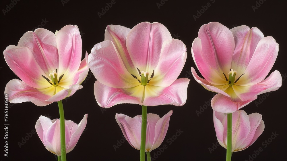 a group of three pink flowers sitting next to each other on top of a black background in front of a black background.