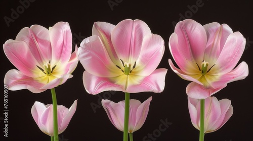 a group of three pink flowers sitting next to each other on top of a black background in front of a black background.