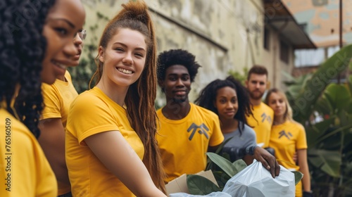 A group of diverse volunteers smile and pose for a photo. They are wearing yellow t-shirts and are surrounded by plants.