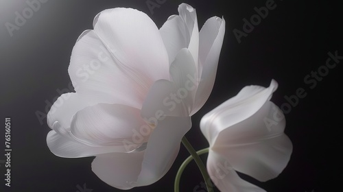 a close up of a white flower on a black background with a bright spot in the middle of the picture.