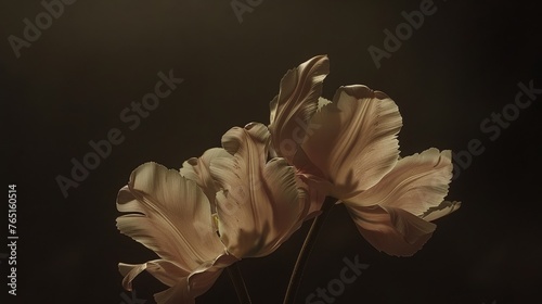 a close up of two flowers in a vase on a black background with a light reflection on the back of the flowers.