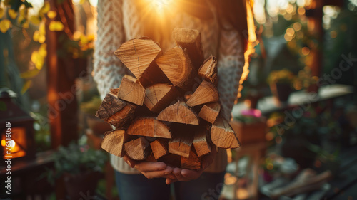 Woman holding a bundle of firewood.