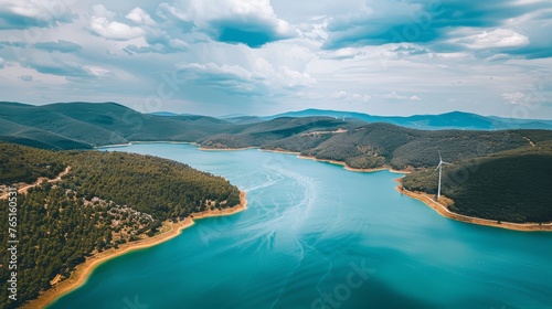 an aerial view of a large body of water surrounded by green hills and a blue body of water with a wind turbine in the middle of the water.