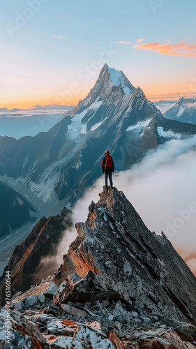 A person standing proudly on the peak of a mountain, overlooking the landscape below. © Nedrofly