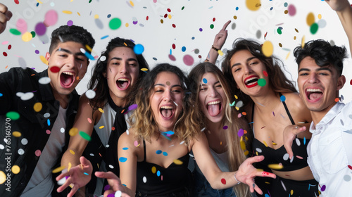 Five young adults throwing confetti in a moment of celebration and joy.