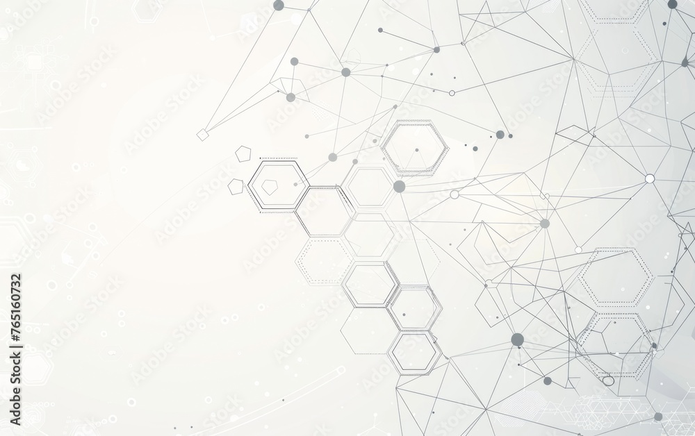Abstract background with a geometric hexagon pattern and connected lines, in the style of technology or science concept on a light grey backdrop Generative AI