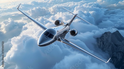 A sleek private jet soars through the clouds above a majestic mountain range.