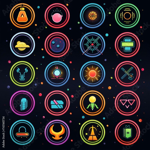 Set of neon icons on the theme of space and astronomy. Vector illustration