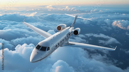 A sleek private jet soars through the clouds, its silver fuselage gleaming in the sunlight.
