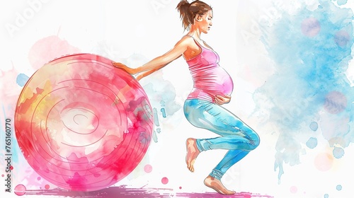 watercolor painting of young pregnant woman doing exercises with fitball photo