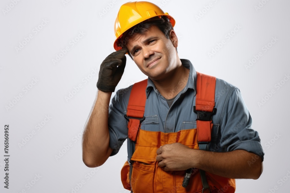 A man in overalls and hard hat talking on a cell phone A man in overalls and hard hat talking on a cell phone