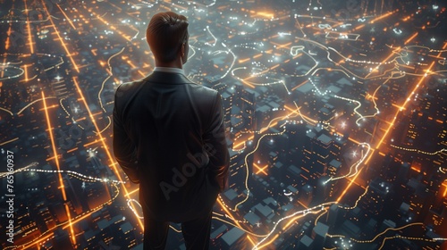 A solitary business man, depicted in an elegant suit, observes the panoramic view of a network city from a high vantage point.