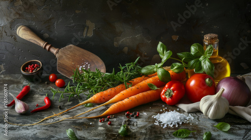 Carrots take center stage among a variety of fresh culinary ingredients.