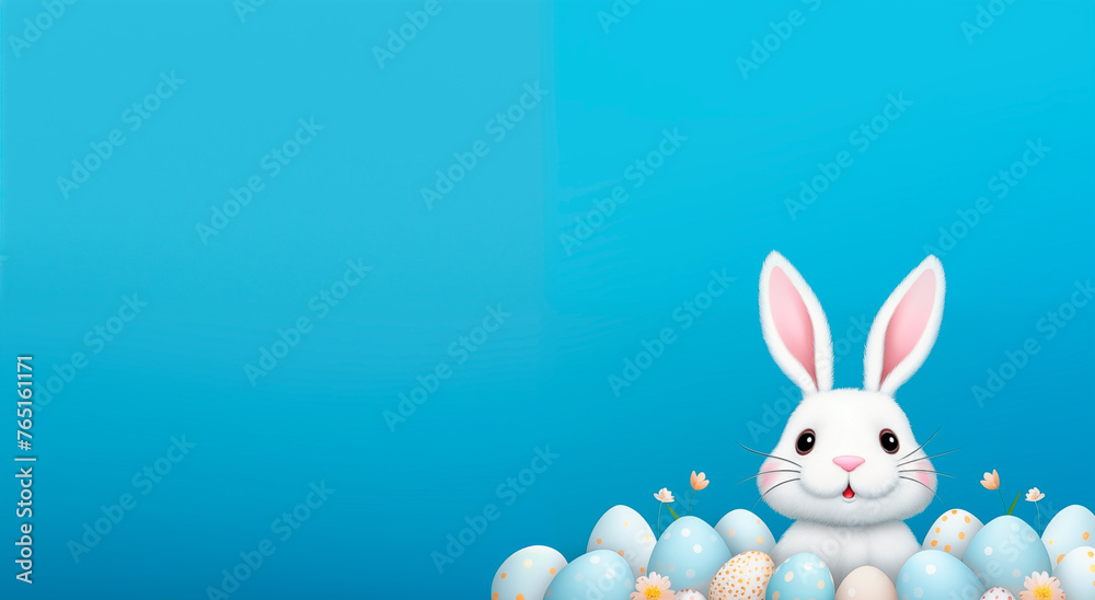 Illustration of Cute bunny and Easter eggs on a blue background with copy space. Christ is risen! Easter holiday concept. Hare and colored eggs Illustration of Cute bunny and Easter eggs on a blue background with copy space. Christ is risen! Easter holiday concept. Hare and colored eggs