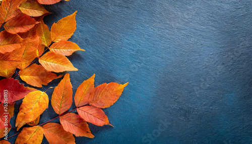 Autumn background with bright colored orange leaves on the left side  on blue slate surface.