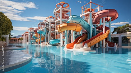 Empty Water park for kids. Water park, bright multi-colored slides with a pool. A water park without people on a summer day with a beautiful. Aquapark, Generative AI.