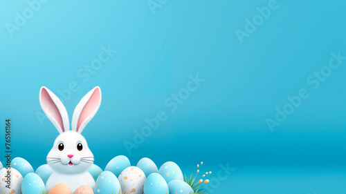 Illustration of Cute bunny and Easter eggs on a blue background with copy space. Christ is risen! Easter holiday concept. Hare and colored eggs