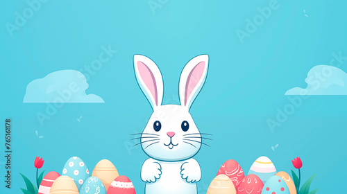Illustration of Cute bunny and Easter eggs on a blue background with copy space. Christ is risen! Easter holiday concept. Hare and colored eggs © Mariia