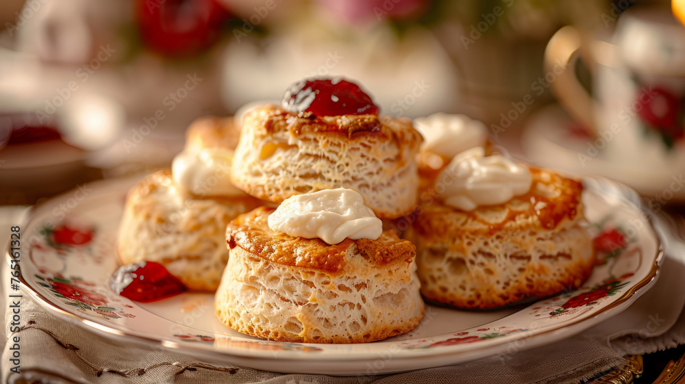 Plate of scones with cream and jam