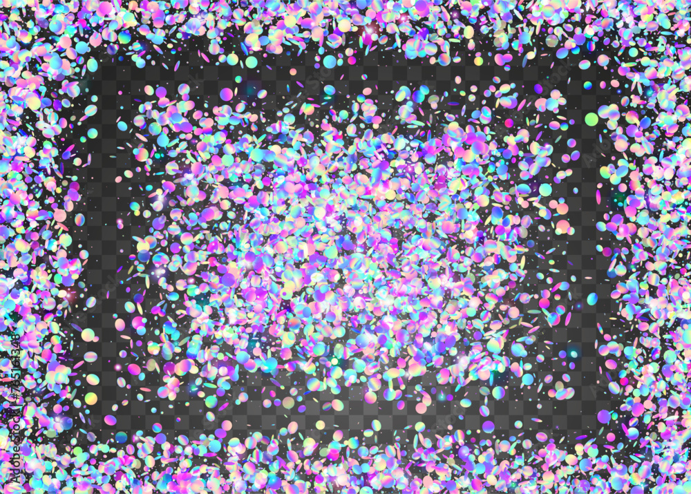 Transparent Serpentine. Digital Design. Blue Light Background. Festive Confetti. Laser Birthday Cristals. 3d Texture. Falling Banner. Iridescent Glitter. Purple Transparent Serpentine