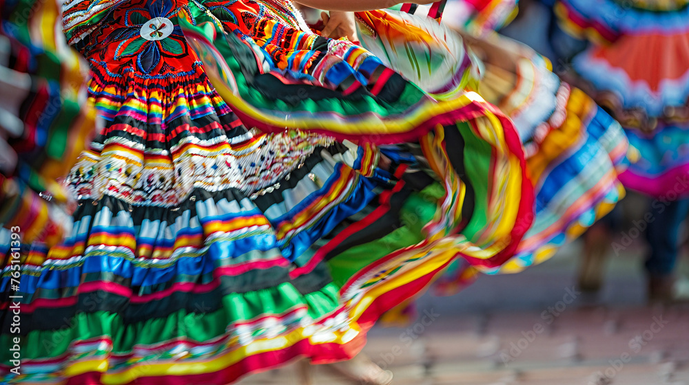 Vibrant Display of Mexican Cultural Dance: Women's Colorful Skirts Twirling, Traditional Performance, Joyful Expression, Latin American Heritage
