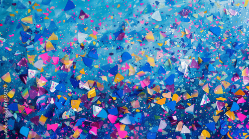 Colorful confetti is scattered in the air against a blue background.