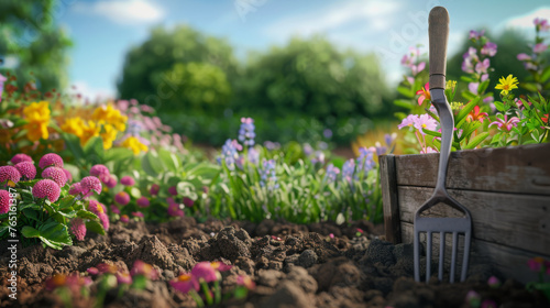 Gardening fork and vibrant flowers in a sunlit garden with rich soil.