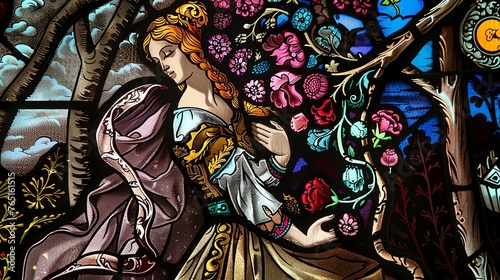 Stained glass window depicting a woman with long flowing hair kneeling in prayer with flowers and vines growing around her.