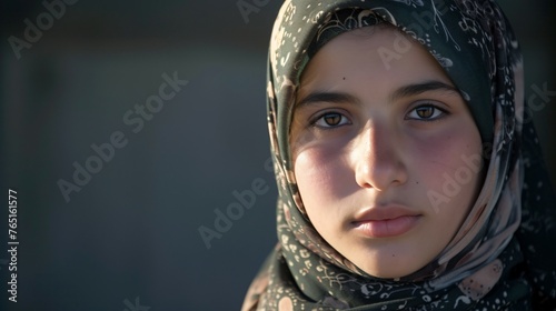 A beautiful young girl wearing a traditional headscarf. She has a serene expression on her face and is looking directly at the camera. photo