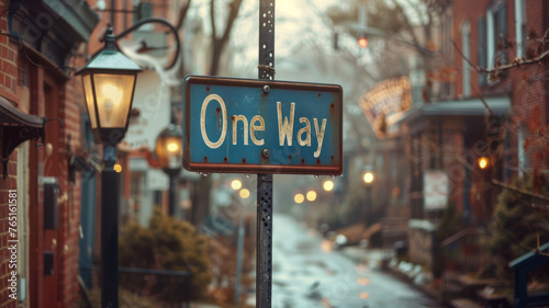 A "One Way" street sign in an urban setting