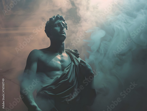 Greek Statue Adopts Mafia Style Under Intense Studio Lights and Swirling Smoke © Thanaphon