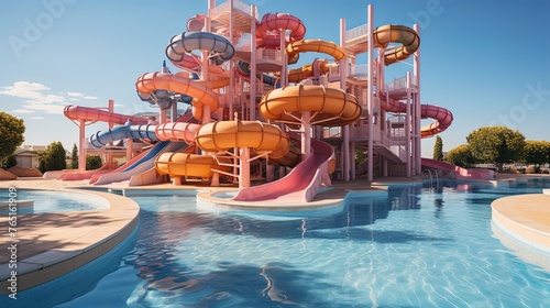 Empty Water park for kids. Water park, bright multi-colored slides with a pool. A water park without people on a summer day with a beautiful. Aquapark, Generative AI.