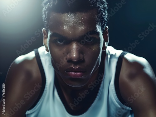 Basketball Player Battles Under Dramatic Light in Competitive Sports Hall
