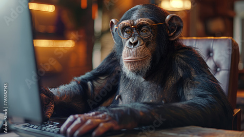Chimpanzee sitting at a desk using a laptop