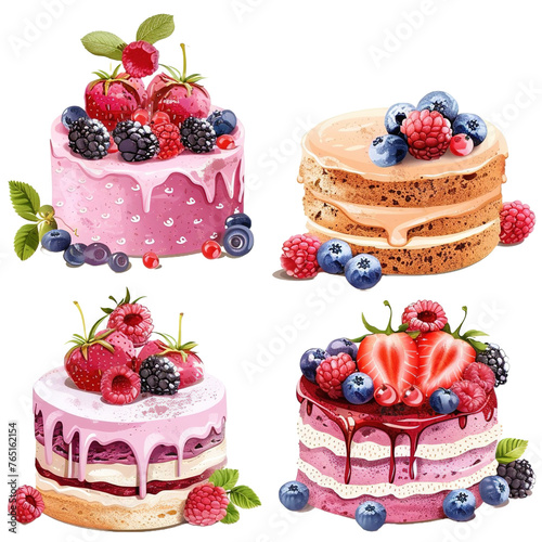 Set of different delicious cakes with fresh berie on transparent background, png	 photo