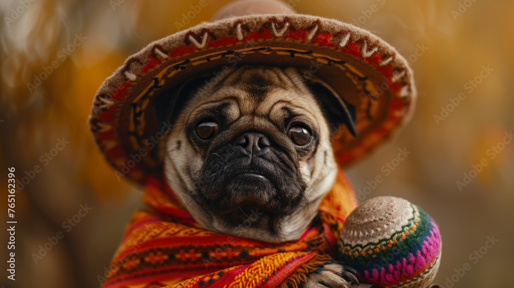 Pug dressed in Mexican attire holding maracas.