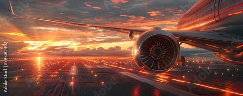 Dynamic Airplane Takeoff at Vibrant Sunset Marks the Start of a Journey