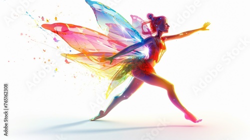 A young woman with butterfly wings is running. She is wearing a colorful leotard and has her hair in a bun. She is smiling and looks happy.