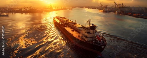 Aerial Perspective of Oil Tanker at Sunset: A Testament to Maritime Logistical Prowess
