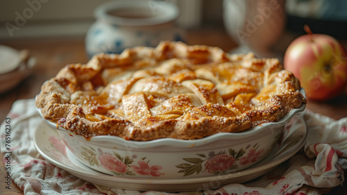 A freshly baked apple pie on a table