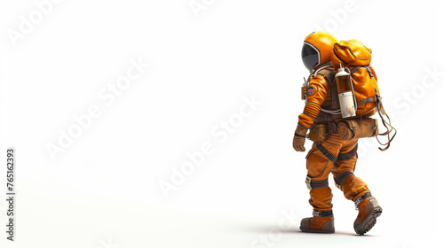 An astronaut in a bright orange spacesuit walks away from the camera. The astronaut is wearing a backpack and carrying a helmet.