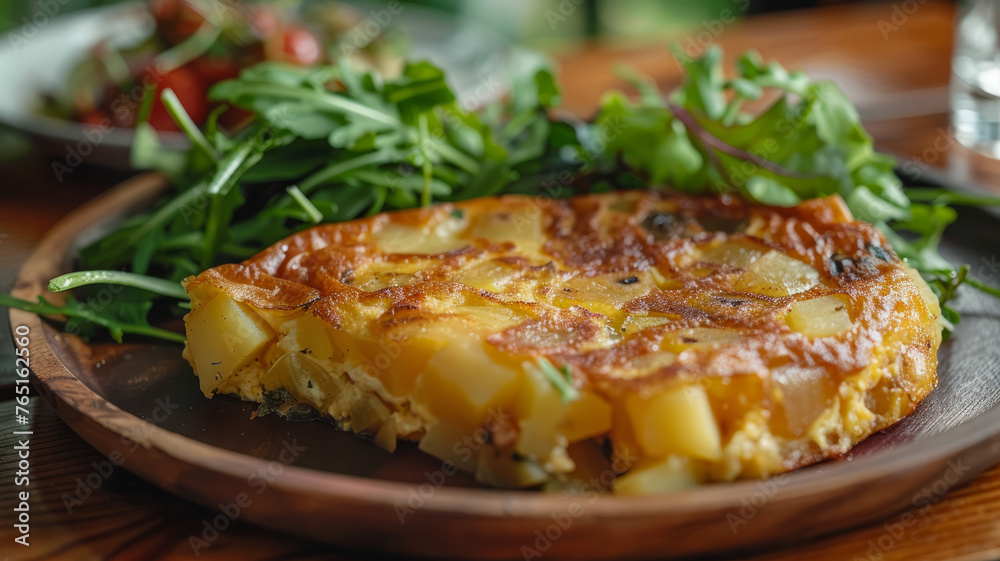 Spanish tortilla on a plate with salad Spanish tortilla on a plate with salad