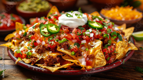Plate of loaded nachos with toppings