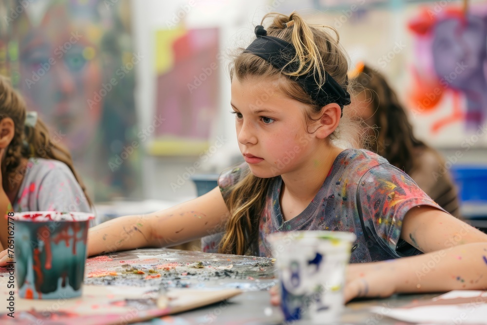 A group of young girls sitting together at a table engaged in an art education workshop, focusing on creativity and self-expression