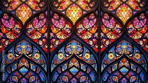 Stained glass window with a repeating pattern of quatrefoils and fleur-de-lis. The colors are vibrant and jewel-like.