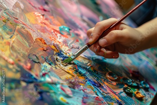 A person is focused on painting with a brush on a canvas, showcasing creativity and artistic expression