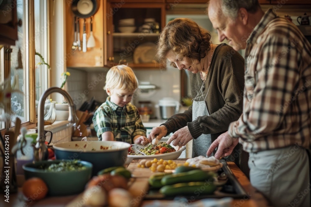 A family is gathered in the kitchen, busy preparing food together in a warm and welcoming atmosphere