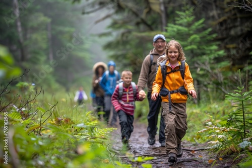 A group of people, including families and friends, hiking along a trail through a dense forest surrounded by trees and greenery