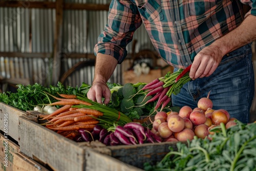 A man stands in front of a wooden box brimming with various vegetables like carrots, tomatoes, and bell peppers. The setting is a farm or market stall