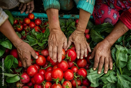 A group of farmers is shown with their hands on a pile of freshly harvested tomatoes, showcasing the journey of produce from farm to market stall